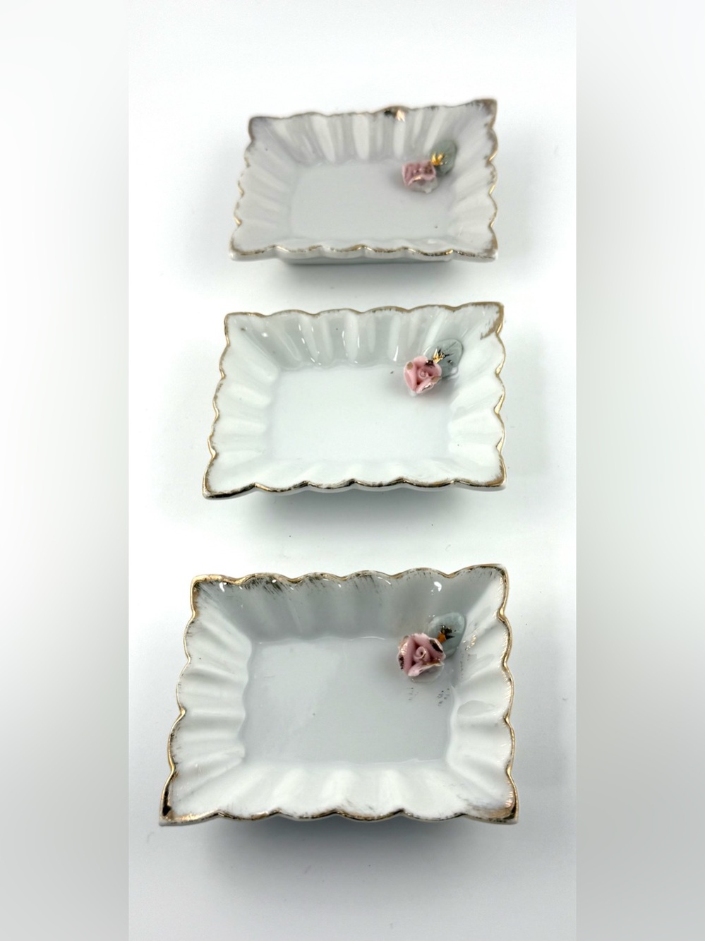 Vintage Porcelain Pink Rose Trinket Dishes - Set of 3 Rectangular Ring Trays